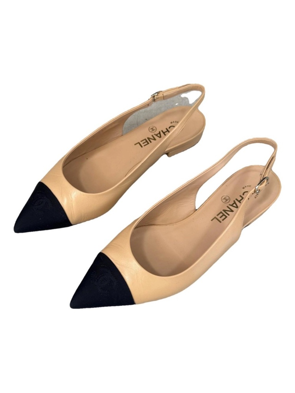 CHANEL Beige and Black Pointed Slingback Flats
